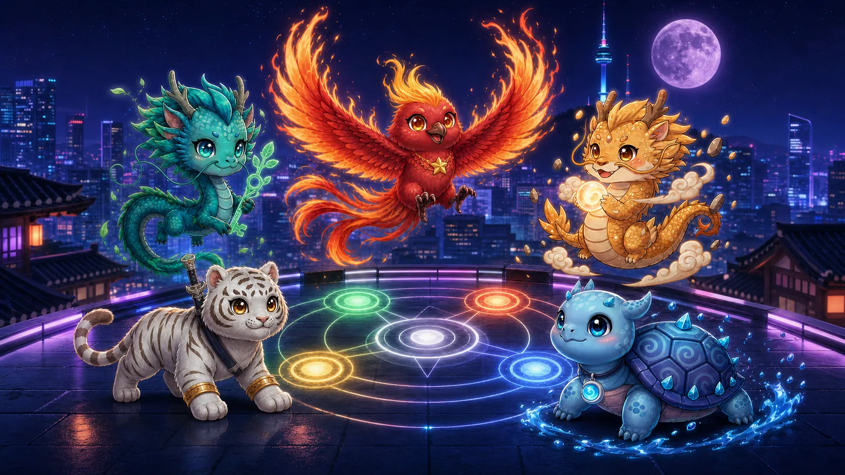 Five original guardian beasts with their signature relics on a contemporary Seoul rooftop